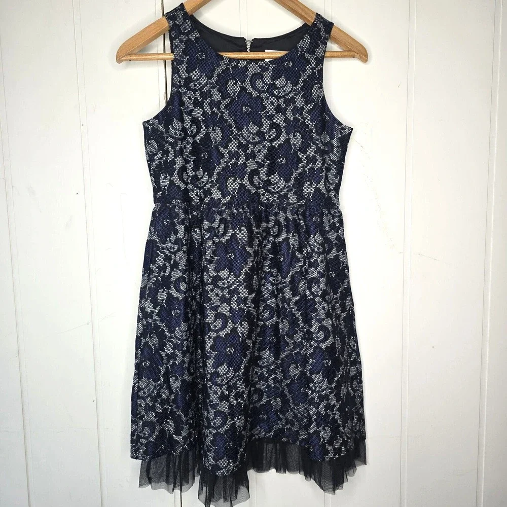 Justice Lace Tulle Fit and Flare Dress Girls 14 Navy Blue Silver Holiday Party